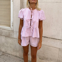 2 Pcs Women Tie Front Plaid Puff Shorts Set