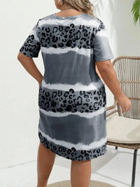 Plus Size  Women's 1XL-8XL Fashion Casual Dress Short Sleeve Dress Tie Dye Leopard Short Sleeve V Neck Slight Stretch Dress