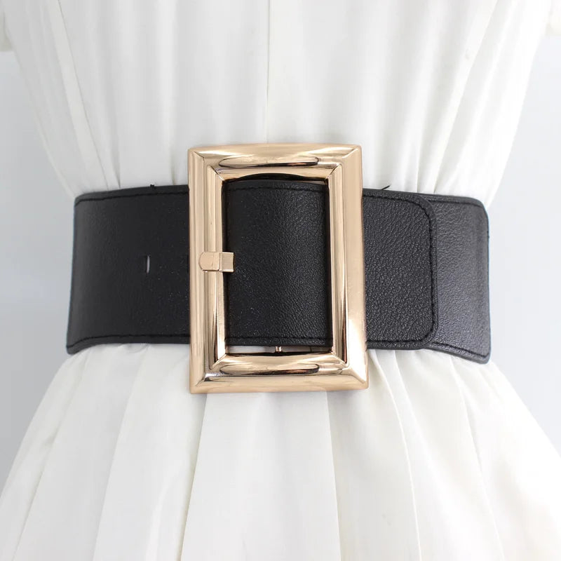 Women Wide Elastic Dress Belt Stretch Waist Belt Vintage Fashion Casual Cinch Belt Buckle Retro PU Leather Punk Waistband пояс