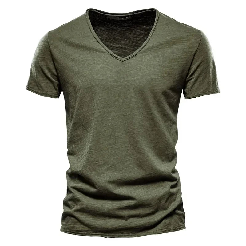 Solid Color V-Neck Pure Cotton T-Shirt
