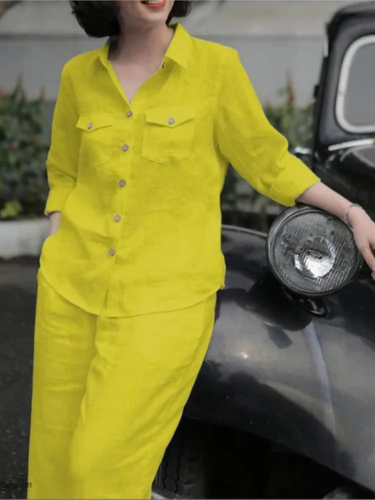 Women Elegant Lapel Neck Long Sleeve Pants Sets