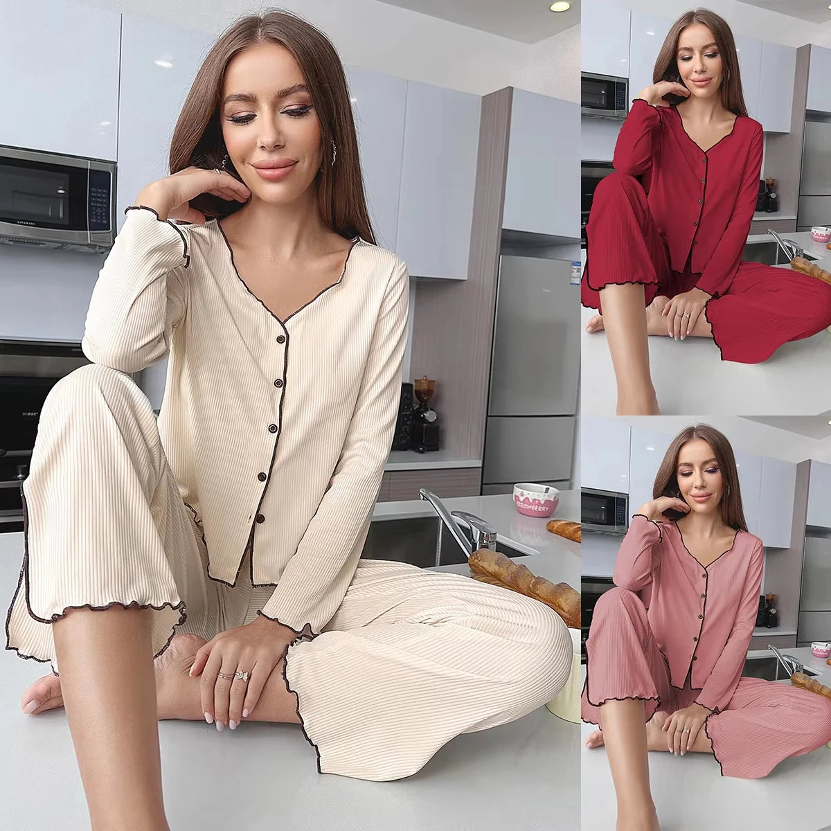Solid Casual Loungewear Long Sleeve Pajama Set