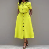 Women O-Neck Button Shirt + Midi Skirts 2 Piece Sets