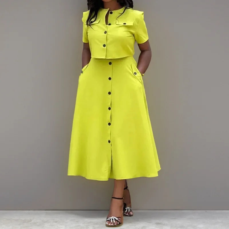 Women O-Neck Button Shirt + Midi Skirts 2 Piece Sets