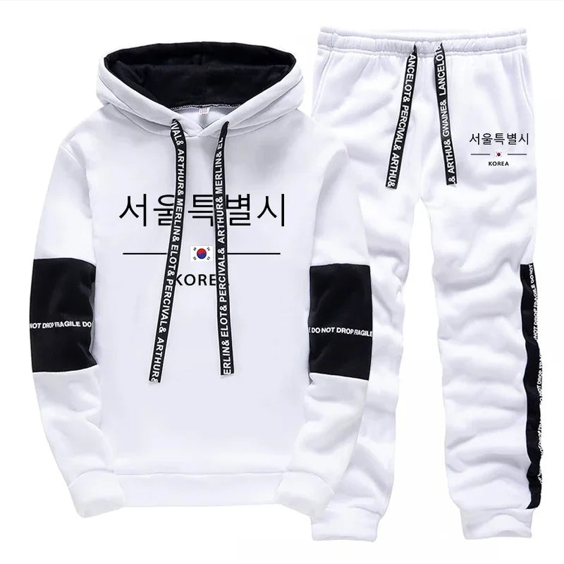 Mens Tracksuit Print Casual Sweatshirts Sportswear Outdoors Sports Jogging Mens Clothing Single Piece Hoodie Pants Korean Style