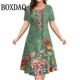 Retro 3D Print Short Sleeved Flowers Dress