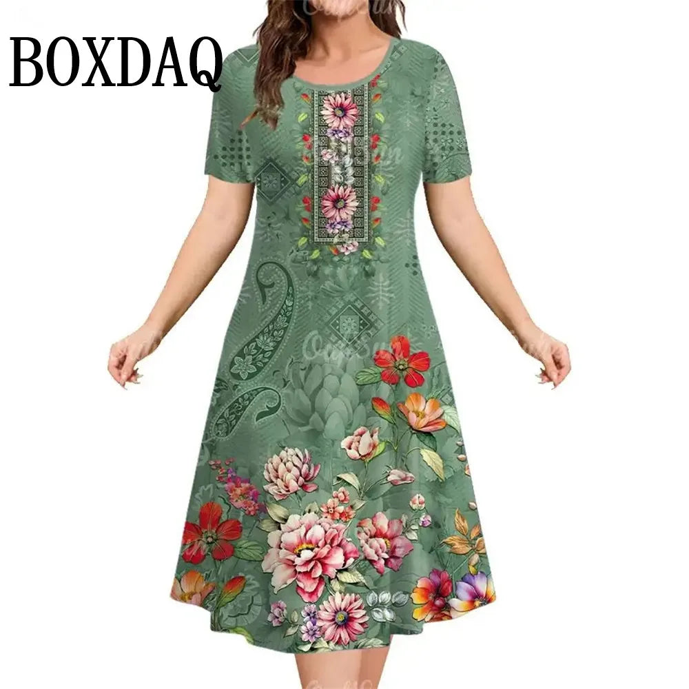 Retro 3D Print Short Sleeved Flowers Dress