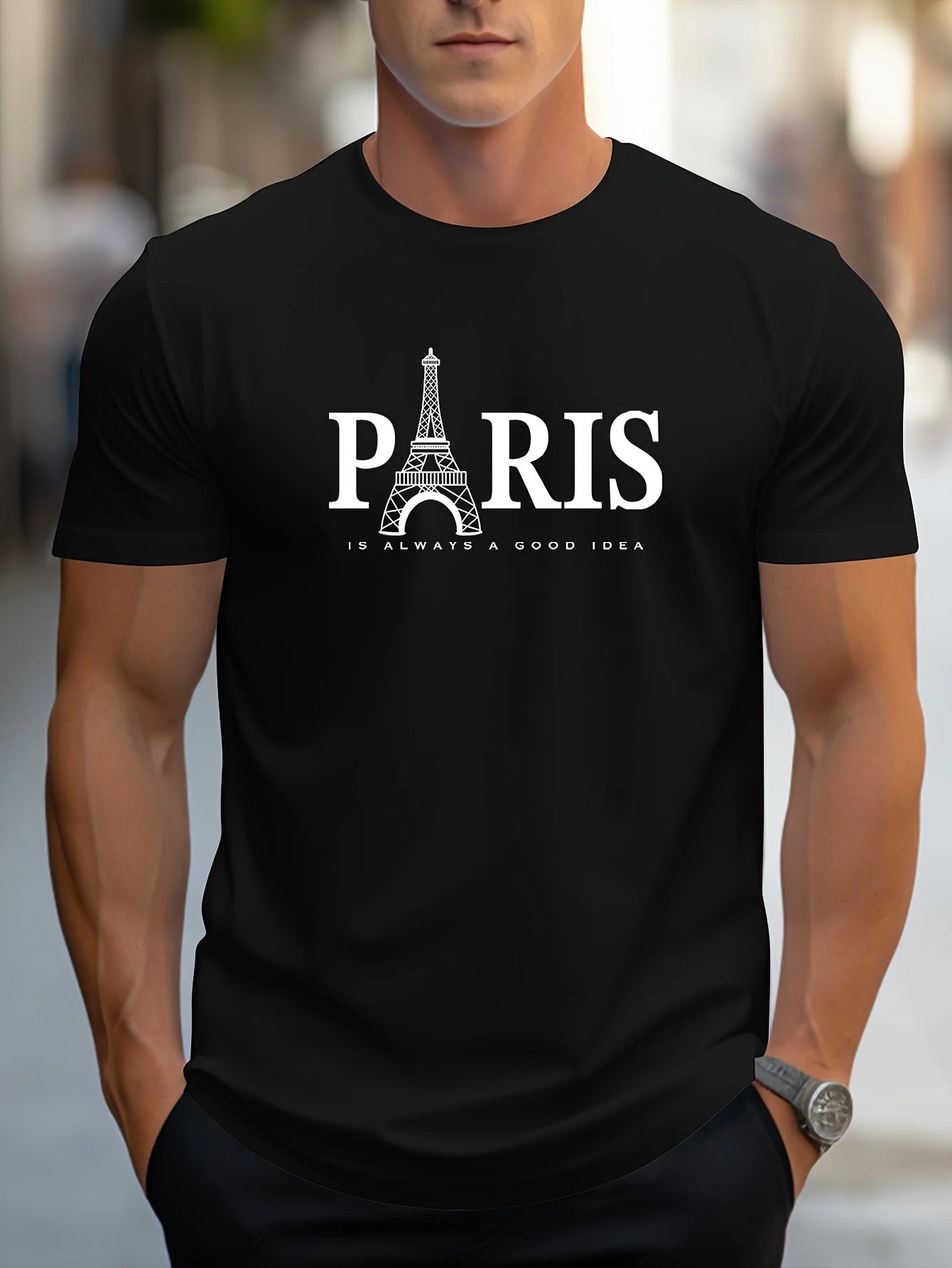 Short Sleeve Paris Pattern Print Casual O-Neck T-Shirt