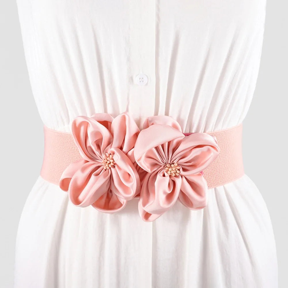 Women Fashion Floral Wide Elastic Belt Casual Trendy Waist Band Chic Ladies Dress Cummerbands Skirt Dress Coat Decor Accessories