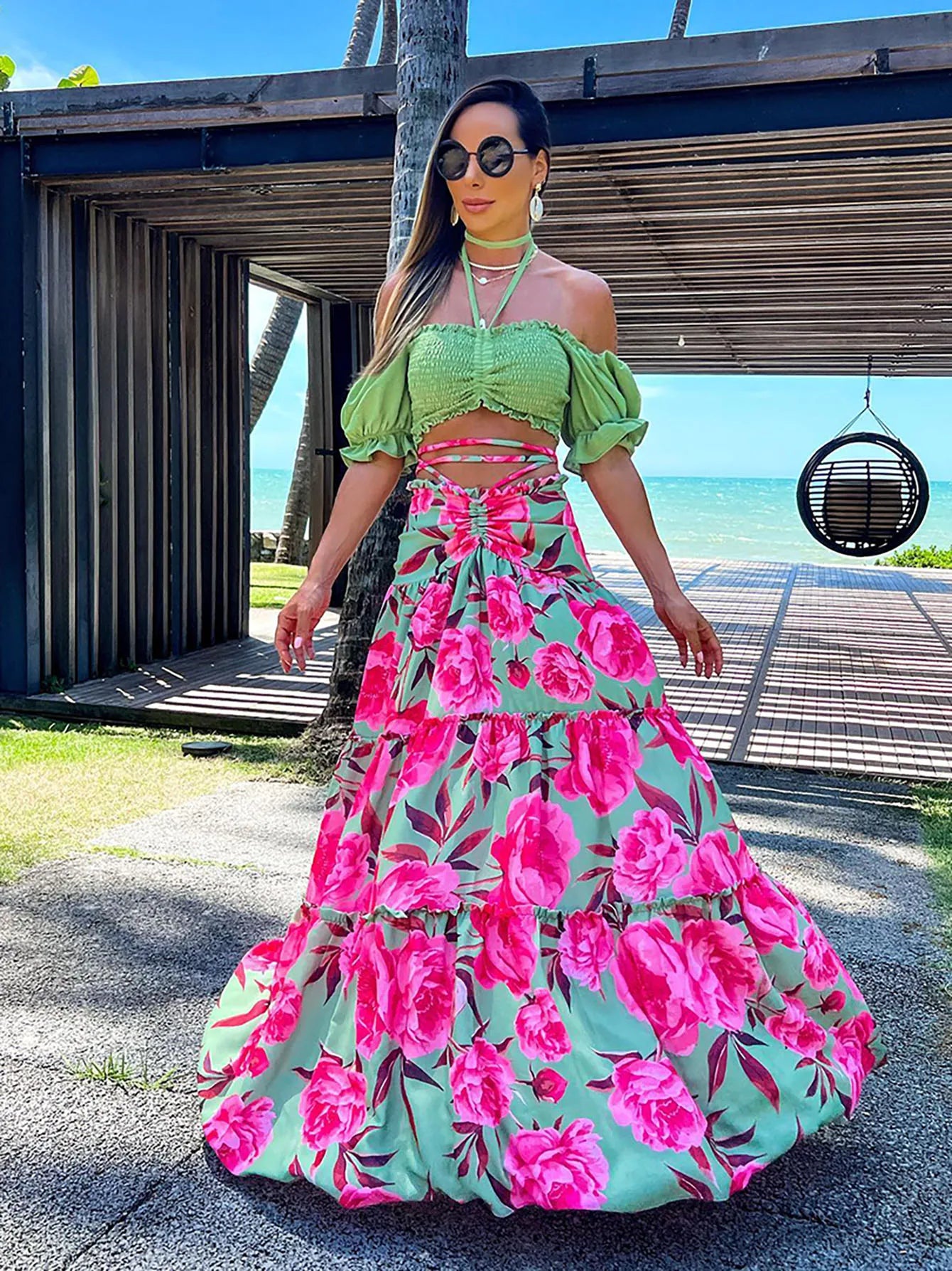 Two Pieces Sweet Printed Bra Beach Robe