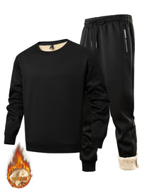 Men's winter sportswear set; warm fleece round neck sweatshirt and men's drawstring sport pants