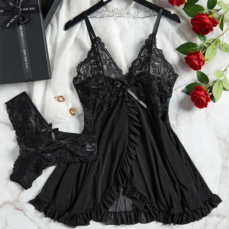 Deep V Lace Thong Ruffle Bra & Pajama Set
