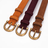 Fashion Women Belt Suede Genuine Leather Skinny Waistband Gold Buckle Wine Red Belts for Jeans Pants Casual