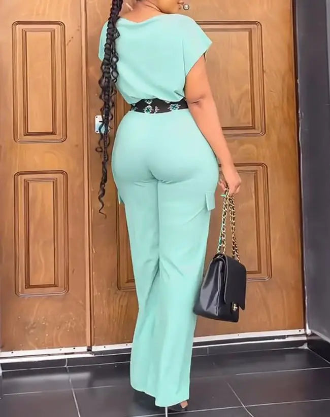 Geometric Print Boat Neck Top & Casual Pants Set