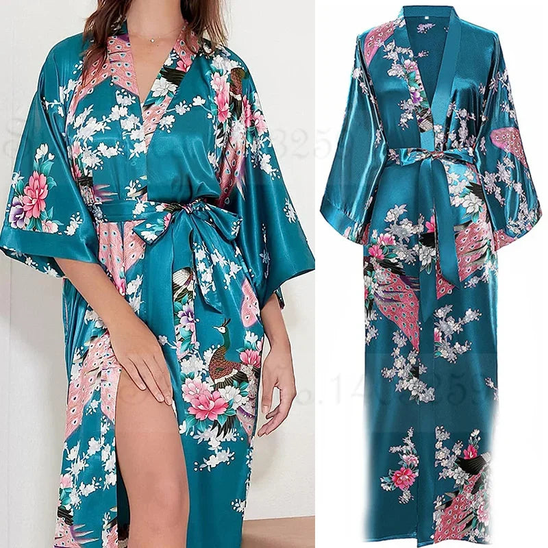 Women Long Robe Peacock Satin Print Nightgown