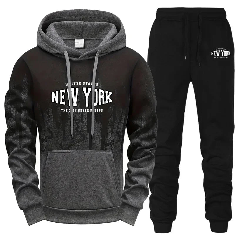 Autumn Winter Mens Tracksuit Casual Printing Splash-ink Hooded Sweatshirts Daily Sports Jogging Clothing Single Piece Tops Pants