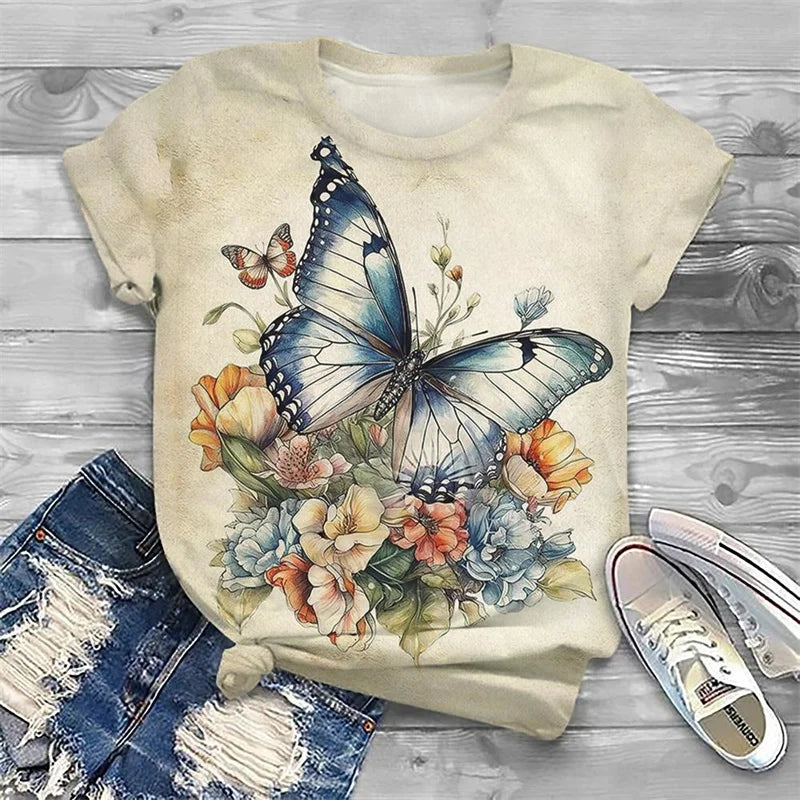 Summer Vintage Butterfly Pattern T-Shirt For Women