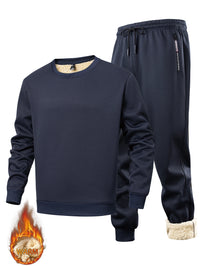 Men's winter sportswear set; warm fleece round neck sweatshirt and men's drawstring sport pants