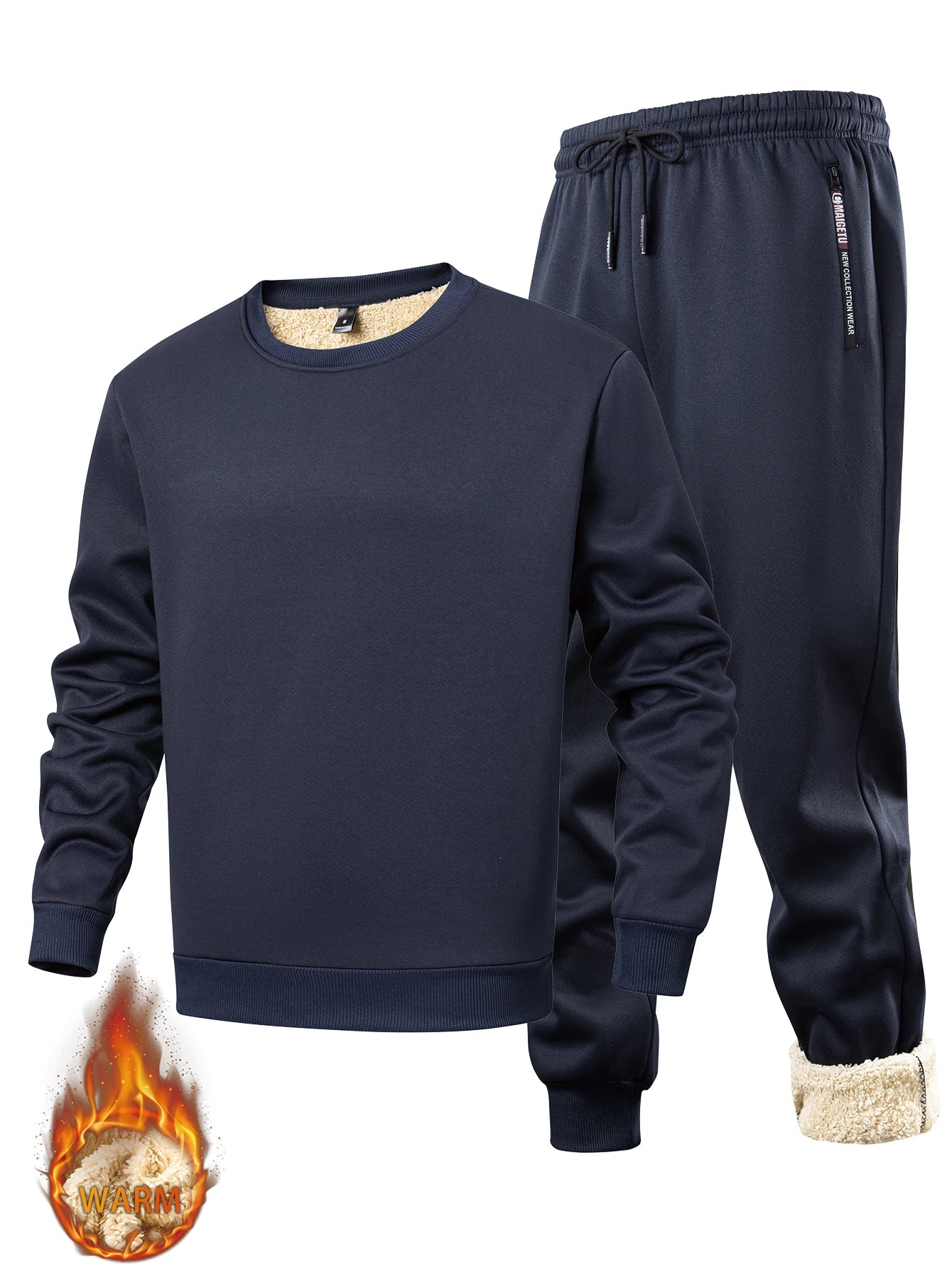 Men's winter sportswear set; warm fleece round neck sweatshirt and men's drawstring sport pants
