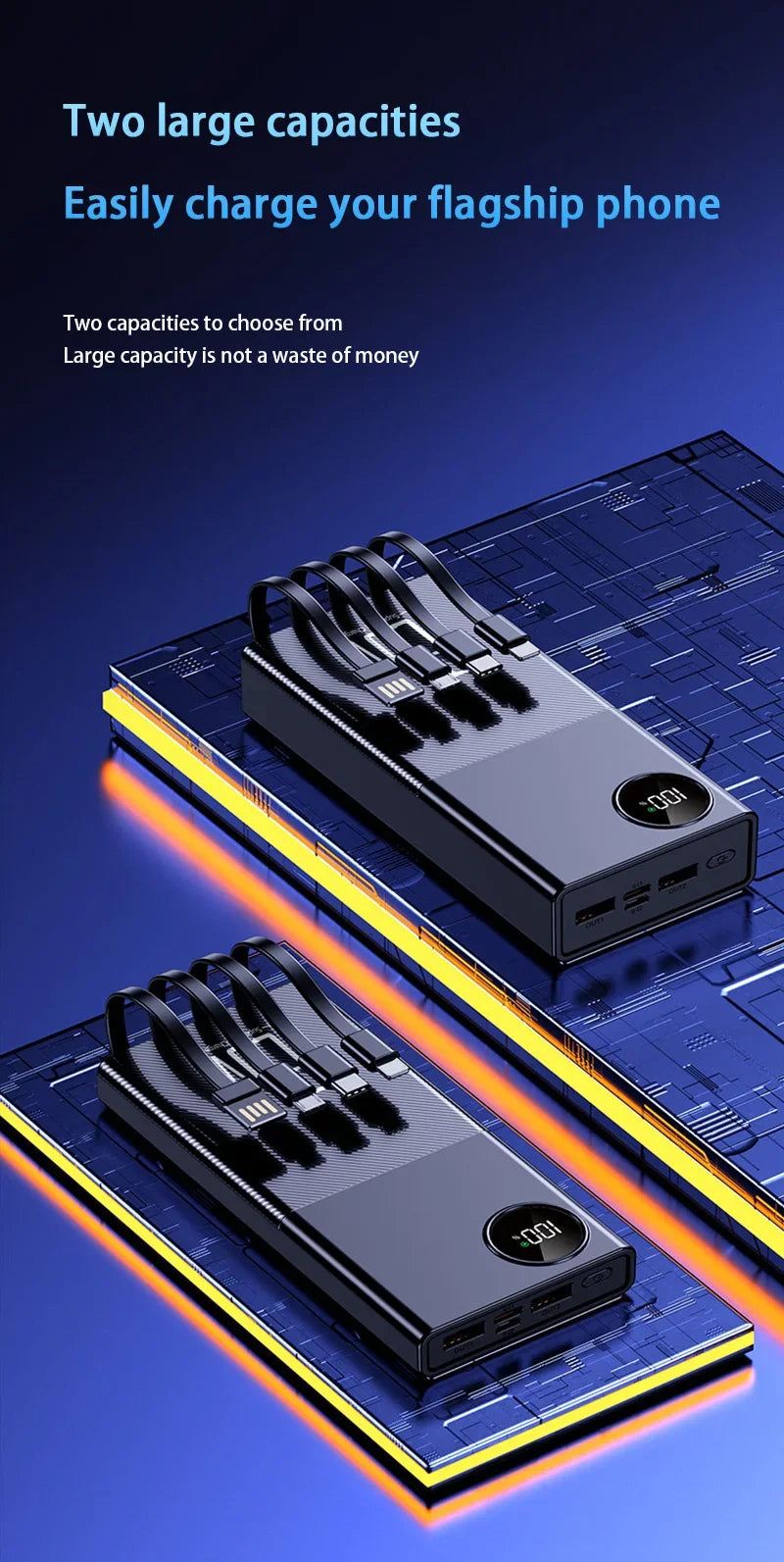 200000mAh 120W Power Bank Large Capacity Super Fast Charge Portable Power Bank With 4 Charging Cables LED Digital Display New