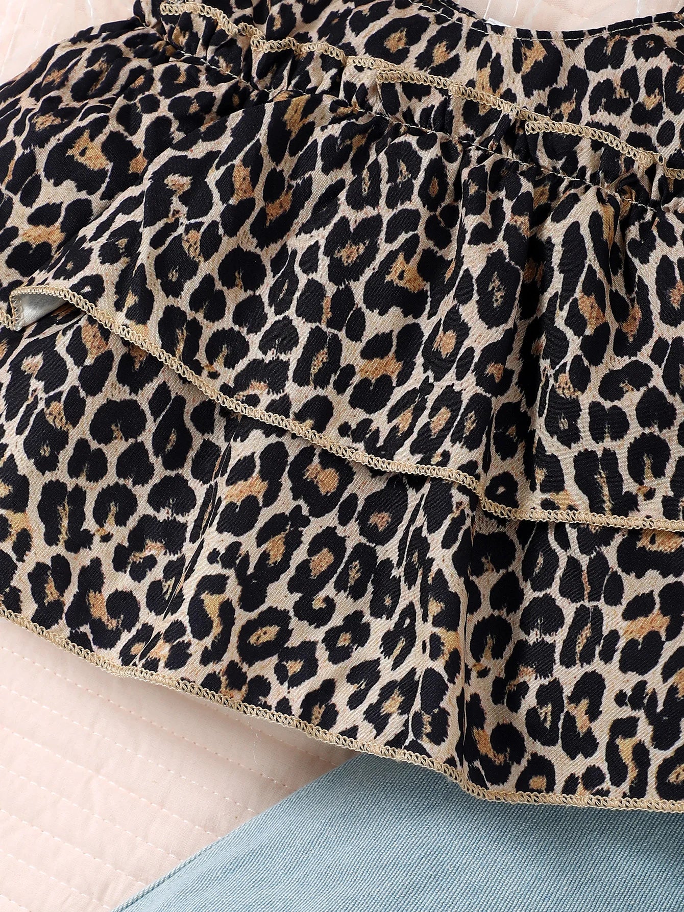 3 Pcs Leopard Bow Top+Blue Jeans+Headband Set