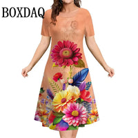 Retro 3D Print Short Sleeved Flowers Dress