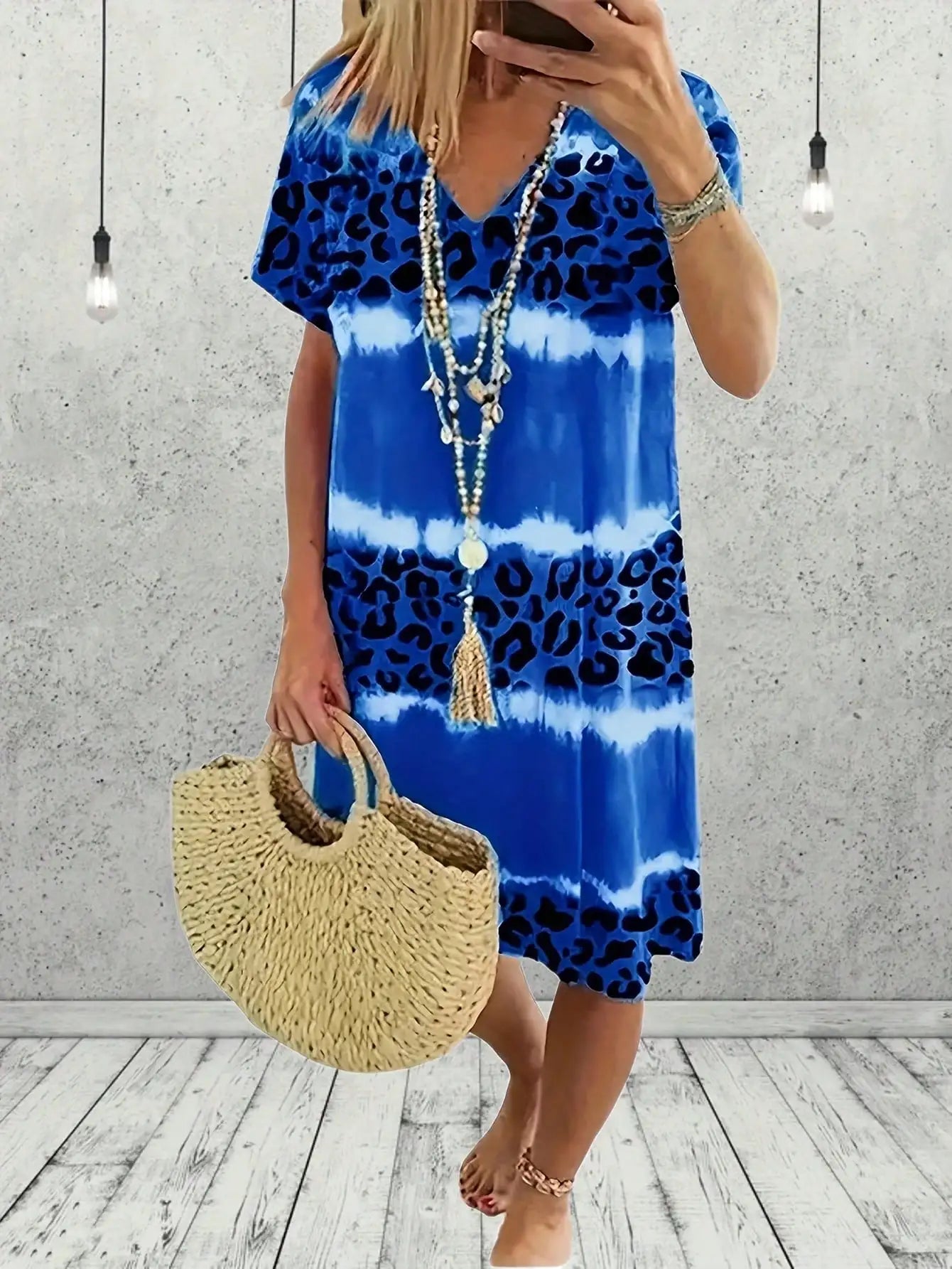 Plus Size  Women's 1XL-8XL Fashion Casual Dress Short Sleeve Dress Tie Dye Leopard Short Sleeve V Neck Slight Stretch Dress