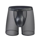 Fitness Long Men Boxer Underwear Mesh Faux Leather Men's Boxershorts Panties Long Leg Trunks Sexy Pouch Opened Button Underpants
