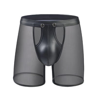 Fitness Long Men Boxer Underwear Mesh Faux Leather Men's Boxershorts Panties Long Leg Trunks Sexy Pouch Opened Button Underpants