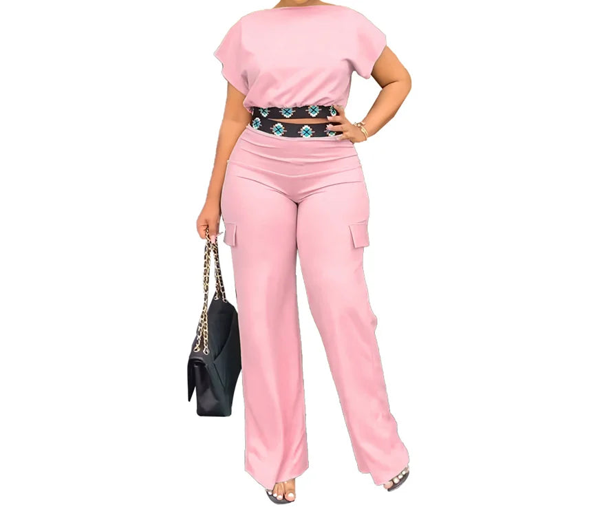 Geometric Print Boat Neck Top & Casual Pants Set