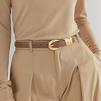 Women's Slim Fit PU Belt, Fine Waistband, Denim Pants, Formal Pants, Fashionable Black Belt with Gold Buckle