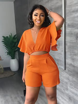 Women's Solid Flounces Short Sleeved Set