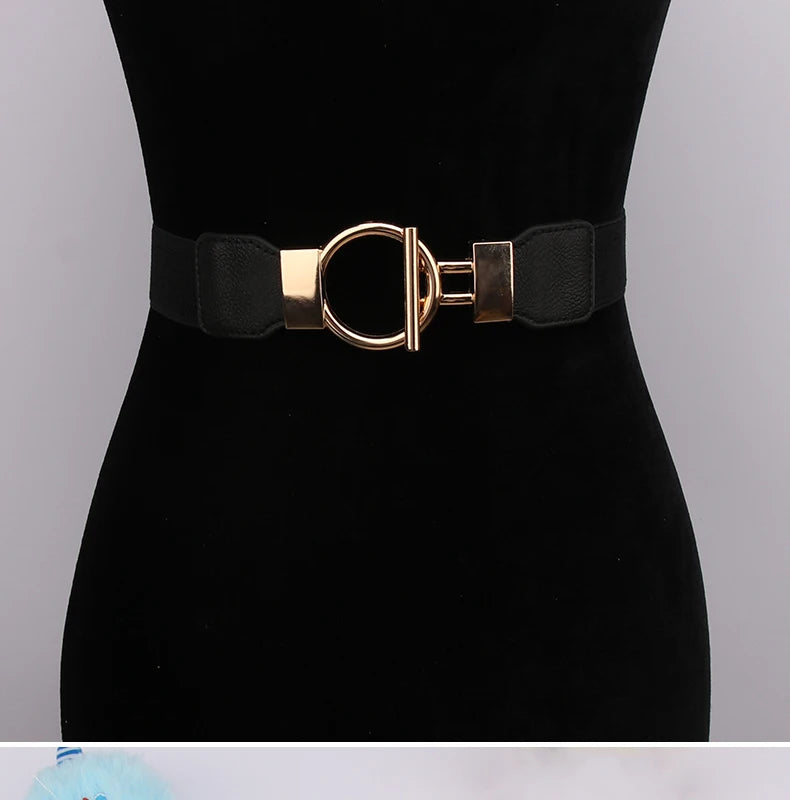 Women's Fashion Round Buckle Belt, Simple 4cm Wide Elastic Waistband, Decorative Temperament Waist Cincher