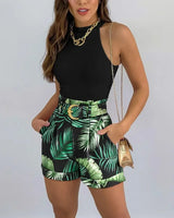 Floral Print Belted High Waist Two-Piece Outfit