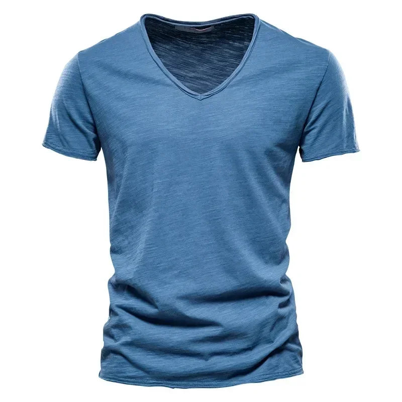Solid Color V-Neck Pure Cotton T-Shirt