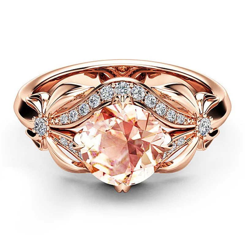 Gold Color Flower Round Rose Stone Ring Luxury Party Engagement Wedding Rings for Women Jewelry