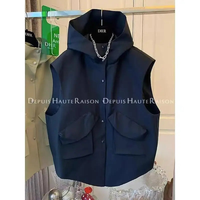 Double Pocket Casual Versatile Work Sleeveless Hooded Vest