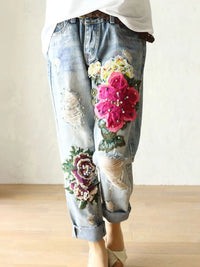 Floral Embroidery Vintage Straight High Waist  Pants