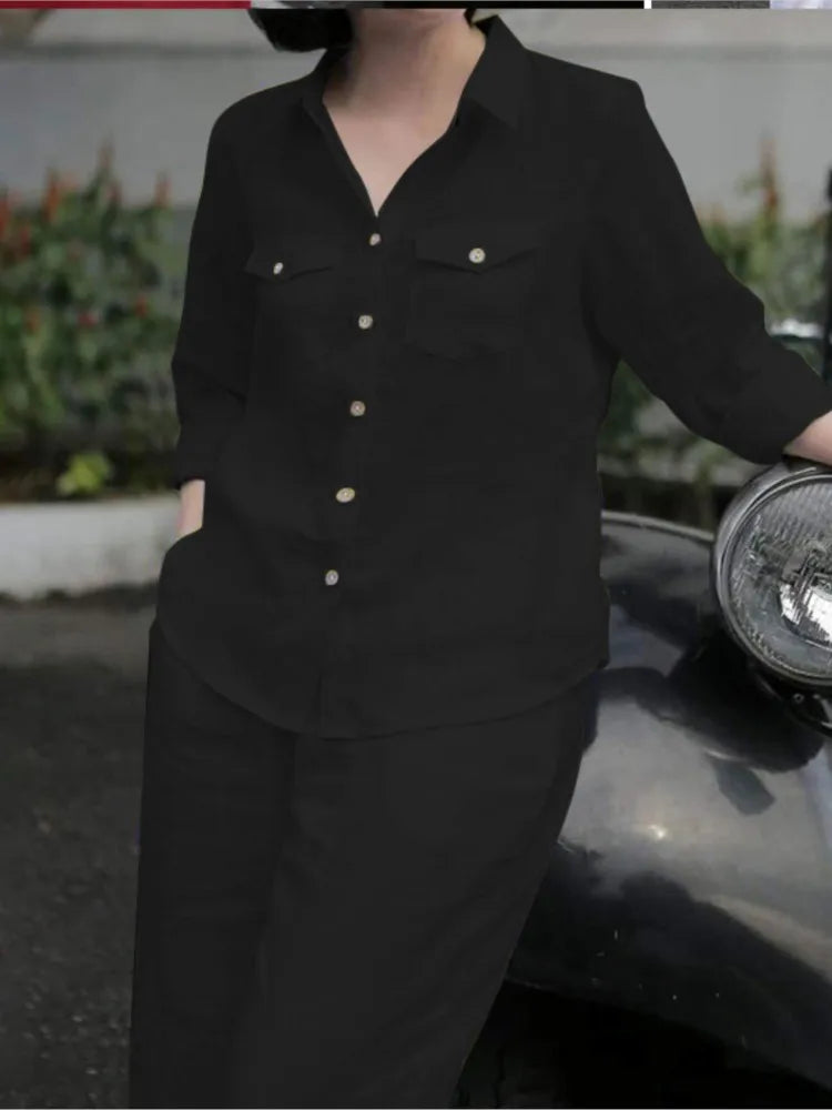 Women Elegant Lapel Neck Long Sleeve Pants Sets