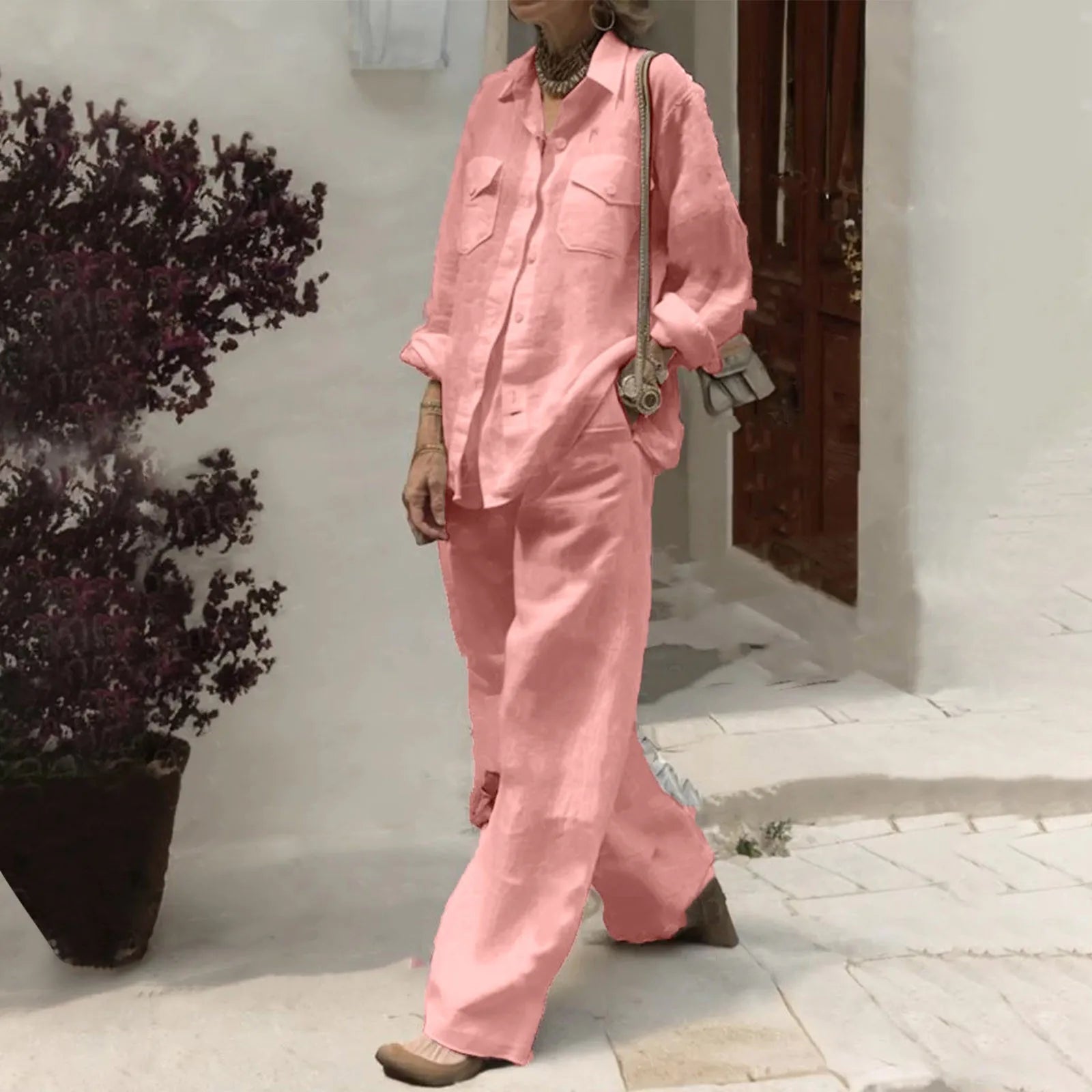 Women Elegant Lapel Neck Long Sleeve Pants Sets