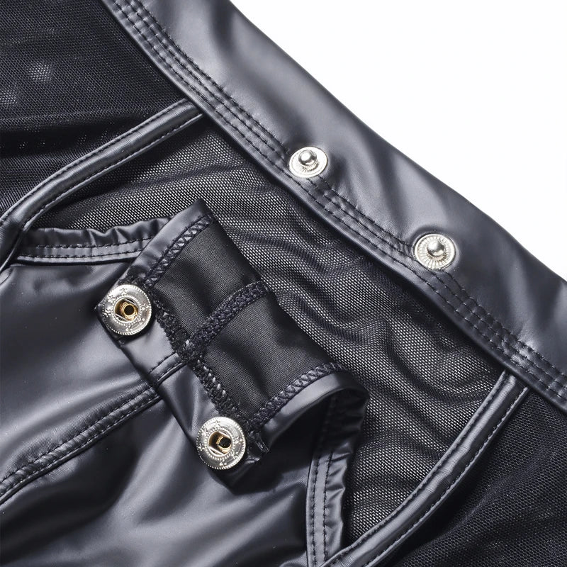 Fitness Long Men Boxer Underwear Mesh Faux Leather Men's Boxershorts Panties Long Leg Trunks Sexy Pouch Opened Button Underpants