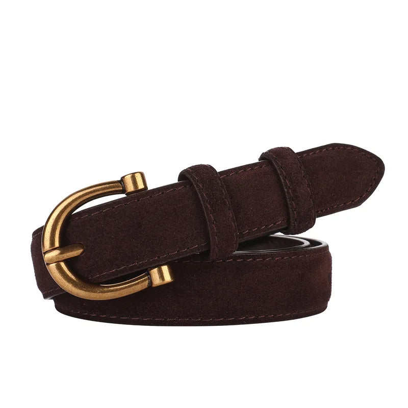 Fashion Women Belt Suede Genuine Leather Skinny Waistband Gold Buckle Wine Red Belts for Jeans Pants Casual