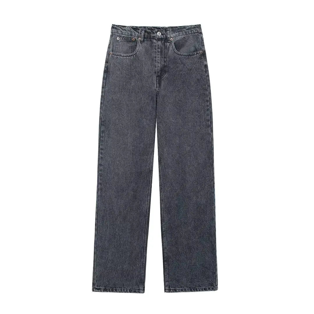 Denim Solid Loose Zipper Fly Wide Leg Pant