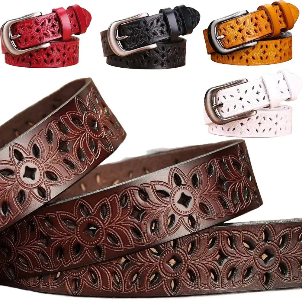 Leather Belts for Woman Belt Vintage Pin Buckle Strap Jeans Hollow Belt
