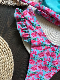 Ruffle Floral Backless Thong Print Bikini