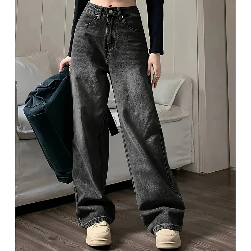 High Waist Gray Goth Straight Leg Pants