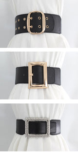 Women Wide Elastic Dress Belt Stretch Waist Belt Vintage Fashion Casual Cinch Belt Buckle Retro PU Leather Punk Waistband пояс