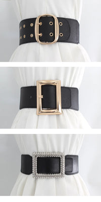 Women Wide Elastic Dress Belt Stretch Waist Belt Vintage Fashion Casual Cinch Belt Buckle Retro PU Leather Punk Waistband пояс