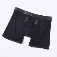 Fitness Long Men Boxer Underwear Mesh Faux Leather Men's Boxershorts Panties Long Leg Trunks Sexy Pouch Opened Button Underpants