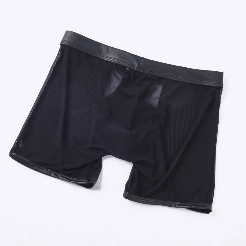 Fitness Long Men Boxer Underwear Mesh Faux Leather Men's Boxershorts Panties Long Leg Trunks Sexy Pouch Opened Button Underpants